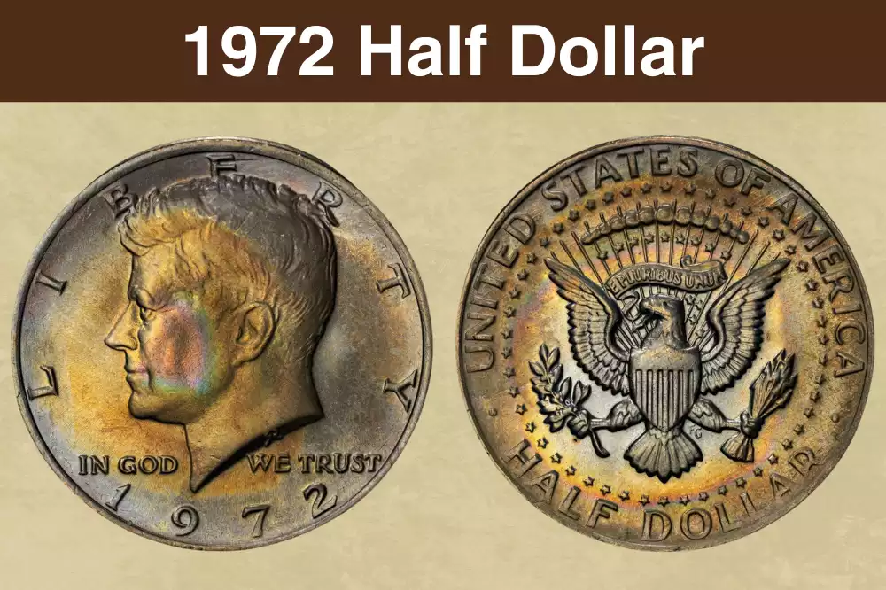 1972 Kennedy half dollar obverse showing JFK portrait with D mint mark and reverse Presidential eagle with FG initials visible between eagle leg and tail