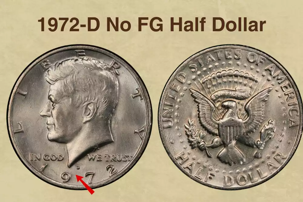 Side-by-side comparison of normal 1972-D Kennedy half dollar reverse showing FG initials versus No FG FS-901 variety showing flat smooth area where initials should appear