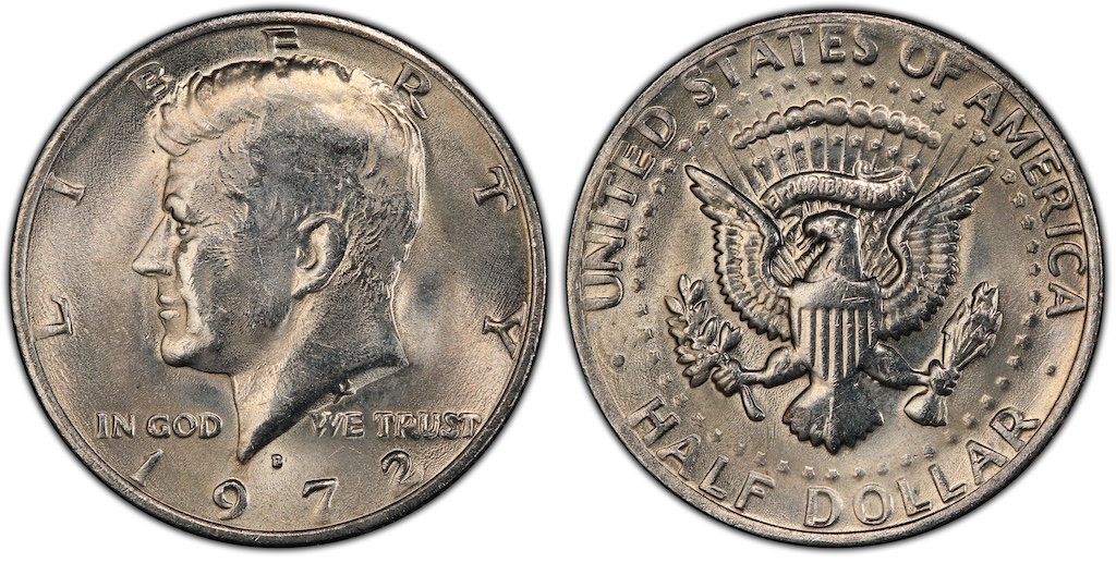 1972-D Kennedy half dollar No FG FS-901 variety showing completely absent FG initials between eagle right leg and tail feathers with die polish lines visible