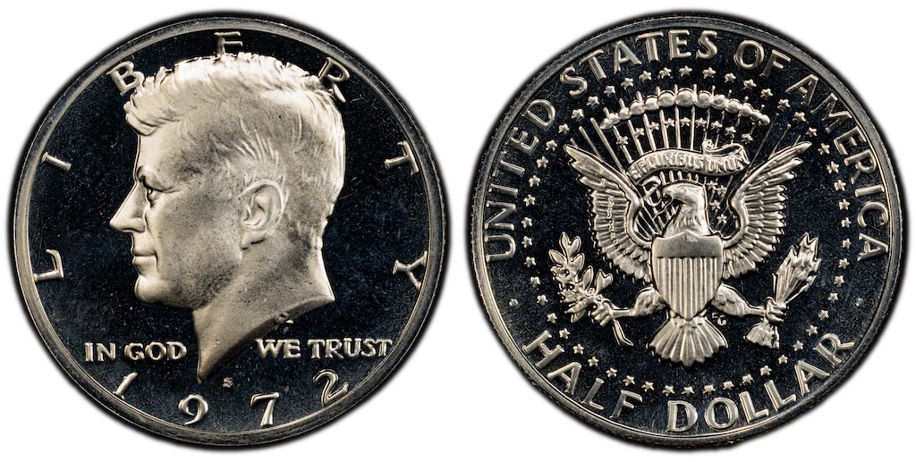 1972-S Kennedy half dollar proof Deep Cameo showing dramatic frosted Kennedy portrait against deeply mirrored fields — the finest 1972 proof designation